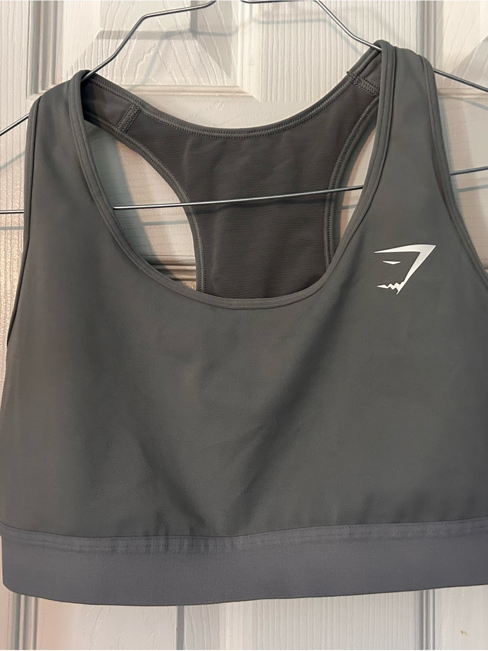 Gymshark Charcoal Racerback Sports Bra with White Logo